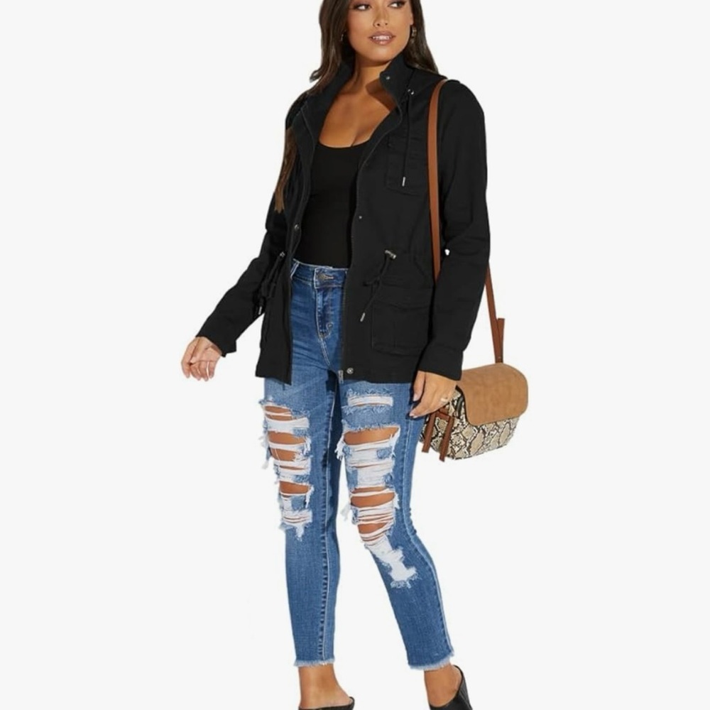 Black Hooded Jacket with Blue Ripped Jeans - Picture 2 of 4